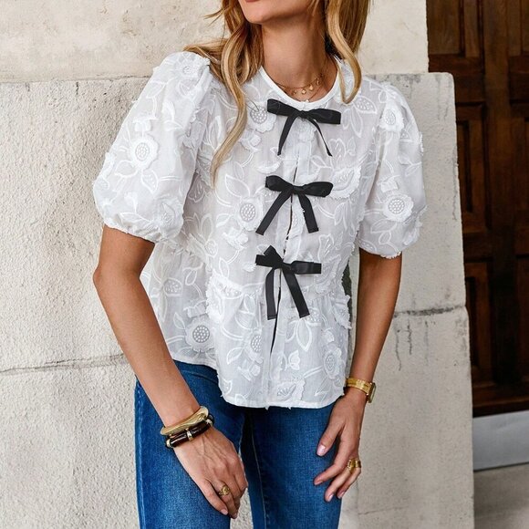 White Cute Women's Tie Collar Puff Sleeve Bow Decor Waist Slim Fit Shirt - Picture 3 of 7